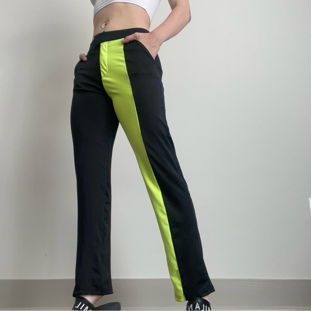 High Waist Color Block Black Pants‎ with Neon Green Stripe